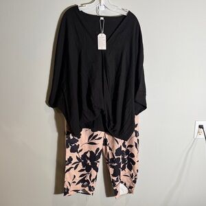 Floral Black and Tan cropped pants and top NWT